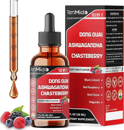 10in1 Liquid Dong Quai Supplement for Women with Ashwagandha, Chasteberry, Black Cohosh, Red Clover, Magnolia, Red Raspberry, Hops Flower, Lemon Balm, and Ginger - 30ml 1 Fl Oz