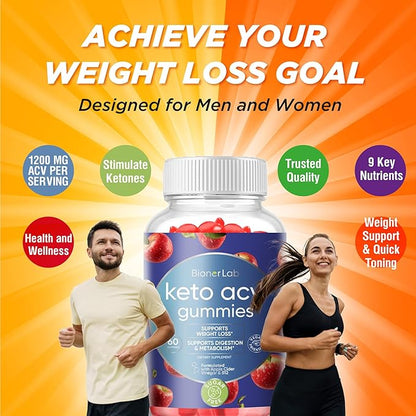 BionerLab Keto ACV Advanced Weight Loss Gummies - Apple Cider Vinegar Gummy for Belly Fat Burn - Support Metabolism Digestion Boost - Sugar Free with B12 B6 to Lose Weight & Ketogenic Diet Management