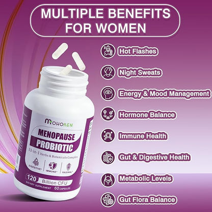 Menopause Supplements for Women, 120 Billion CFU Womens Probiotic, 13-in-1 Herbs Complex for Menopause Relief, Hormone Balance, Hot Flashes, Mood Swings, Night Sweats (60 Capsule)