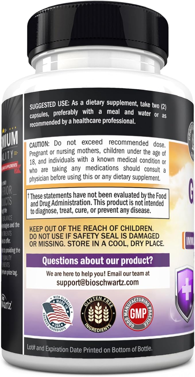 BioSchwartz Glutathione Supplement 500mg - Liver Detox with Quercetin, Vitamin C, Milk Thistle, Alpha Lipoic Acid - Immune Support Pill - Enhanced Immunity Defense Health Formula - 60 Capsules