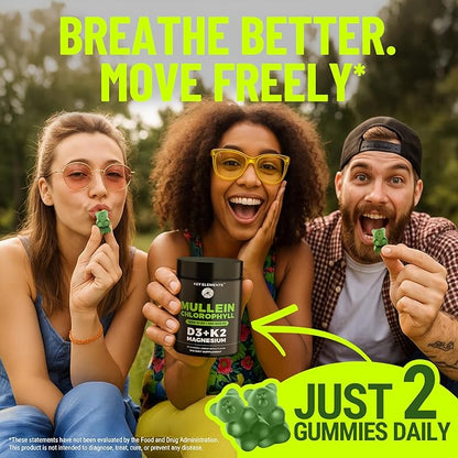 Mullein Gummies for Lung Support with Chlorophyll Magnesium, Vitamin D3 5000 IU & Vitamin K2 100 MCG - Mullein with Chlorophyll Gummies for Lung, Bone, & Immune Support – Vegan, Non-GMO, Gluten-Free