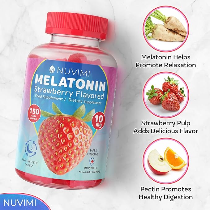 Melatonin Gummies - 10 mg Strawberry Flavored Dietary Food Supplement to Help Support Sleep - 150 Vegan Gummies