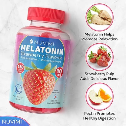 Melatonin Gummies - 10 mg Strawberry Flavored Dietary Food Supplement to Help Support Sleep - 150 Vegan Gummies