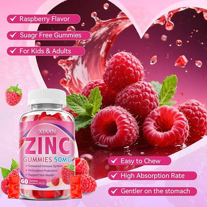 Zinc Gummies for Kids & Adults, Chewable Zinc Supplements for Women & Men Supports Immune System & Cellular Health & Antioxidant Protection, Vegan/Sugar-Free, Raspberry Flavor 120 Count