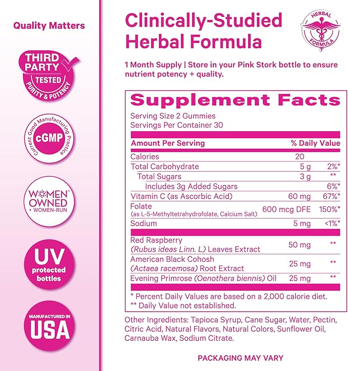 Pink Stork Hormone Balance Gummies for Women – PMS, Menopause & Estrogen Support – Mood, Bloating, Hot Flashes & Energy – Red Raspberry Leaf, Black Cohosh, Primrose – 60 Vegan Gummies