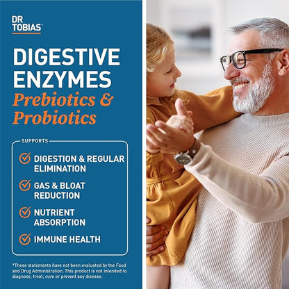 Dr. Tobias Digestive Enzymes with Probiotics, Prebiotics and Postbiotics Bromelain, Amylase, Lipase, for Better Digestion & Immune Function, 120 Capsules 60 Servings (2 Daily)