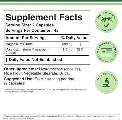 Magnesium Citrate 800mg, 90 Capsules, Digestion & Constipation Support, Vegan Safe, Non-GMO, Double Wood Supplements