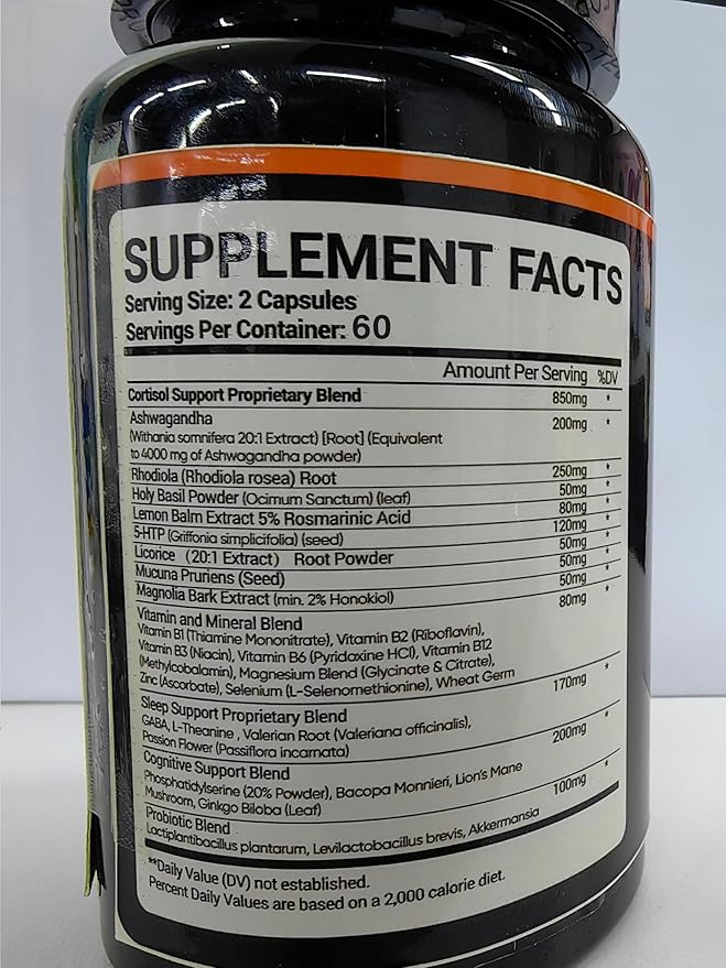 Super Calm Cortisol Supplement, 25-in-1 Cortisol Reducer for Women & Men, Cortisol Supplements for Women with Ashwagandha, Rhodiola Rosea, L-Theanine, for Mood, Focus, Sleep Support, 120 Capsules