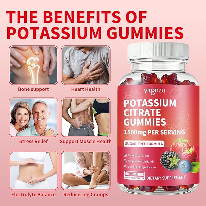 Potassium Citrate Gummies 1500mg, Potassium Supplement for Women & Men, Support Leg Cramps & Muscle Health, Vegan, Mixed Berry Flavor 60 Count
