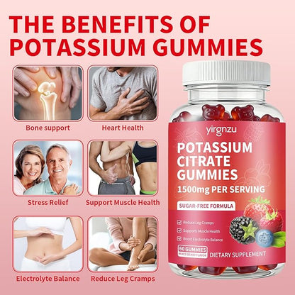 Potassium Citrate Gummies 1500mg, Potassium Supplement for Women & Men, Support Leg Cramps & Muscle Health, Vegan, Mixed Berry Flavor 60 Count