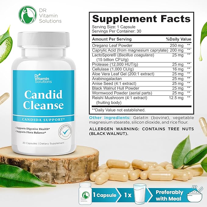Candid Cleanse Supplement with GLP-1 Support - Oregano Leaf, Caprylic Acid & LactoSpore | Candida Support Pills for Digestive Health | Candida Cleanse Detox for Women & Men | 30