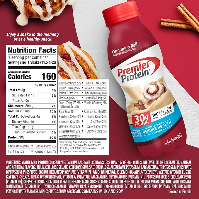 Premier Protein Shake,Cinnamon Roll,30g Protein,No Added Sugar,24 Vitamins & Minerals to Support Immune Health,11.5 fl oz (Packaging May Vary),(Pack of 24)