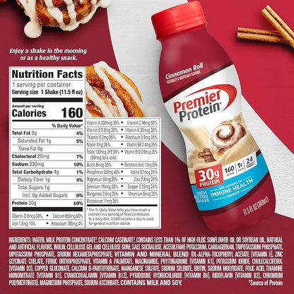 Premier Protein Shake,Cinnamon Roll,30g Protein,No Added Sugar,24 Vitamins & Minerals to Support Immune Health,11.5 fl oz (Packaging May Vary),(Pack of 24)