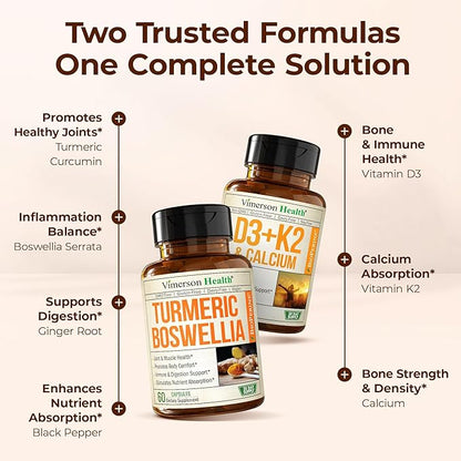 Boswellia Turmeric Curcumin Supplement + Vitamin D3 K2 5000 IU Bundle – Supports Joint Health & Immune, Bone, Heart Health – with Ginger Root, Organic Turmeric Powder, Vitamin D, K2, Calcium