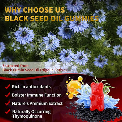 Black Seed Oil Gummies 500mg with Honey and 2% Thymoquinone, Nigella Sativa Seeds for Boost Immune Health, Joints, Digestion, Hair & Skin, Strawberry Flavor, 120 Count
