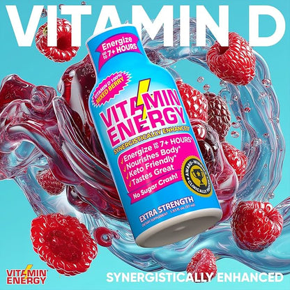 Vitamin Energy Vitamin D Extra Strength Energy Shot Mixed Berry 24 Pack, 260mg Natural Caffeine, B-Complex, Vitamin D, Wellness Support, Keto, Zero Sugar, Gluten-Free Vegan Kosher, 1.93 fl oz