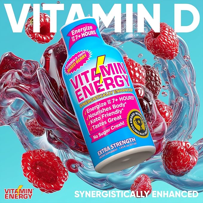 Vitamin Energy Vitamin D Extra Strength Energy Shot Mixed Berry 10 Pack, 260mg Natural Caffeine, B-Complex, Vitamin D, Wellness Support, Keto, Zero Sugar, Gluten-Free Vegan Kosher, 1.93 fl oz