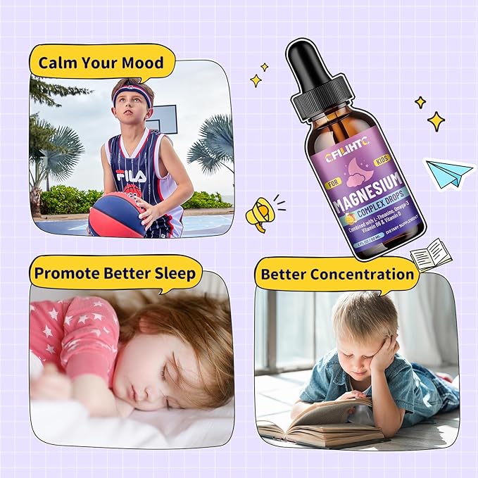 Kids Magnesium Liquid Drops-Magnesium Glycinate Liquid for Kids Supplement-w/L-theanine, Omega-3, Vitamin B6, D3 - for Sleep, Relaxation, Brain, Bones - Mango Flavor, 4 Fl Oz