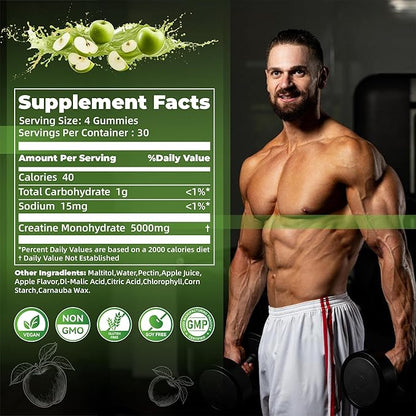 Nutravita NSF Certified Creatine Gummy - Creatine Monohydrate Gummies for Men & Women-5g of Creatine Monohydrate per Serving - Sugar Free,Vegan, Apple Flavor, 120 Count