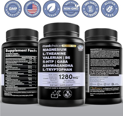 12-in-1 Sleep Support Capsules - Melatonin-Free and Non-Habit Forming Sleep Supplement with a Balanced Blend of Magnesium, Ashwagandha, L-Tryptophan, Valerian Root, GABA and 5-HTP (90 Capsules)