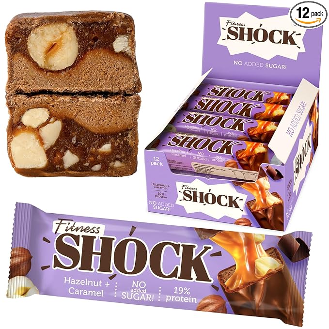Fitness SHOCK Hazelnut Caramel Protein Bars - No Added Sugar, Low Calorie Low Carb Snack - 10g Protein, 0g Added Sugar, 190 Kcal, 16g Net Carbs - 12 x 50g