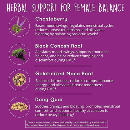 Hormone Balance for Women – PMS Support Supplement, Menopause & Perimenopause | Bloating Relief, Menstrual Cramp, Mood, PMDD | Chasteberry Supplements, Black Cohosh, Dong Quai | Vegan, Non-GMO, 60 Ct
