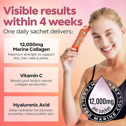 12,000mg Marine Collagen Liquid Shots| High Strength Hydrolyzed Marine Collagen Peptides w/Hyaluronic Acid & Vitamin C for Skin, Hair & Joints | Orange, 14 Daily Servings 30ml
