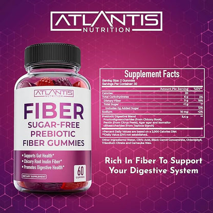 Atlantis Nutrition Sugar Free Fiber Gummies for Adults - 5G Fiber Supplement Formulated with 5.4G Prebiotic Digestive Blend/Serving - Supports Gut Health & Healthy Digestion - 2-Pack 120 Gummies