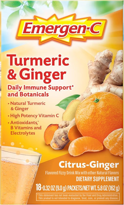 Emergen-C Citrus-Ginger Fizzy Drink Mix, Turmeric and Ginger, Immune Support, Natural Flavors with High Potency Vitamin C, 18 Count