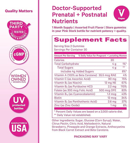 Pink Stork Fertility + Prenatal + Postnatal Gummy Vitamins – Full Motherhood Journey Support – Multivitamin with Folate, B Vitamins, Zinc & Biotin – Postpartum Essentials - 60 Assorted Fruit Gummies