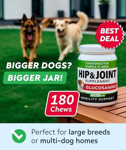 Glucosamine Treats for Dogs - Hip & Joint Supplement w/Omega-3 Fish Oil - Chondroitin, MSM - Advanced Mobility Chews - Joint Pain Relief - Hip & Joint Care - Bacon Flavor - 180 Ct - Made in USA