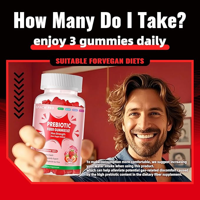 Prebiotic Fiber Gummies for Adults, 7G Extra Strength, Zero Sugar Added, 90 Pectin Based Gummies, Digestive Health & Regularity Support-Strawberry-2PACK