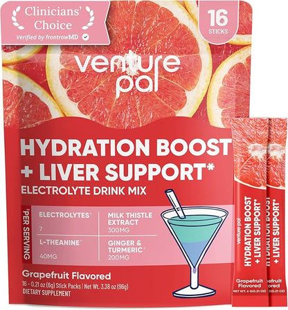 Venture Pal Hydration Packets + Liver Support- Liquid Daily IV Electrolyte Powder Packets with 7 Electrolytes & 5 Vitamins, Milk Thistle + L-Theanine | Sugar-Free | Keto Friendly | Vegan, 16 Sticks