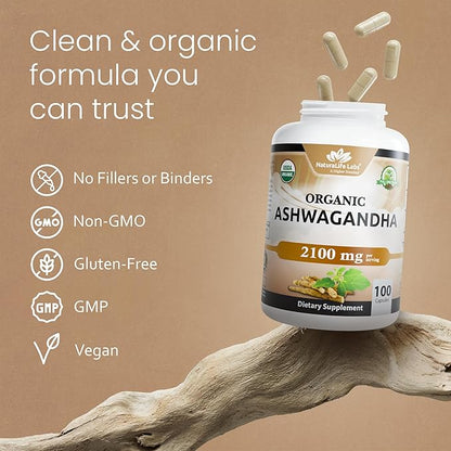 NaturaLife Labs Organic Ashwagandha 2100 mg per Serving – Herbal Supplement Root Powder & Extract – 100 Capsules – Vegan, Non-GMO, Gluten-Free