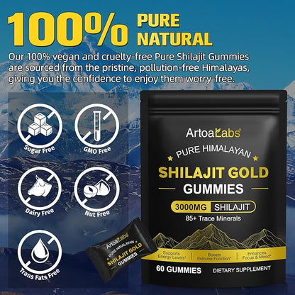 Shilajit Gummies, Pure Himalayan Natural Shilajit Gummies for Men & Women, Rich in Ashwagandha, Gokshura with 85+ Trace Minerals, Energy Boost & Immune Support, 60 Gummies