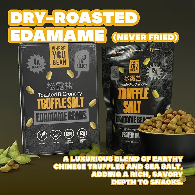 Where You Bean Edamame Beans Snack (Truffle Salt) - Crunchy and Dry Roasted Edamame Beans - High Protein Snacks, Keto and Vegan Healthy Snacks for Adults & Low Carb Asian Snack 3oz (Pack of 4)