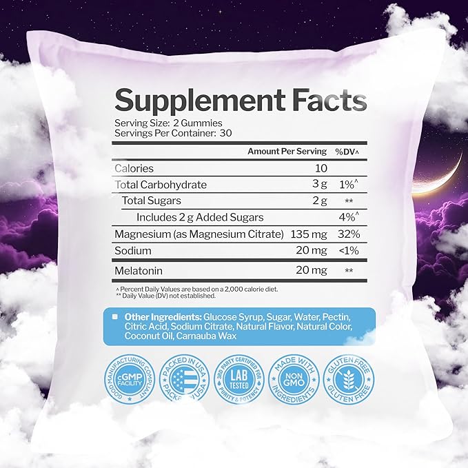 Melatonin 20mg Gummies with Magnesium Citrate - Maximum Strength Sleep Aid for Adults with 10mg of Melatonin Per Gummy - Gluten-Free, Non-GMO, Vegetarian, Mixed Berry Flavor - 60 Gummies