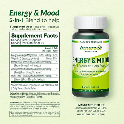 Caffeine Free Natural Energy Boost with Ashwagandha, Maca & Magnesium - Support Stress Relief, Focus & Mood - 60 Capsules by Innervis Nutrition