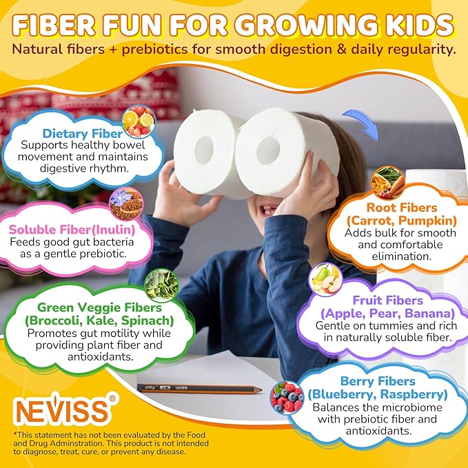 Kids Probiotic + Prebiotic Fiber Gummies 5G, 12 Billion CFU Probiotic & Veggie Fruit Fiber, w/ Organic Inulin, Methyl B12 B6 D3 C, Lutein for Children's Digestive & Gut, Immune Health, Sugar Free,60Ct