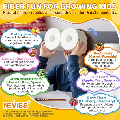 Kids Probiotic + Prebiotic Fiber Gummies 5G, 12 Billion CFU Probiotic & Veggie Fruit Fiber, w/ Organic Inulin, Methyl B12 B6 D3 C, Lutein for Children's Digestive & Gut, Immune Health, Sugar Free,60Ct