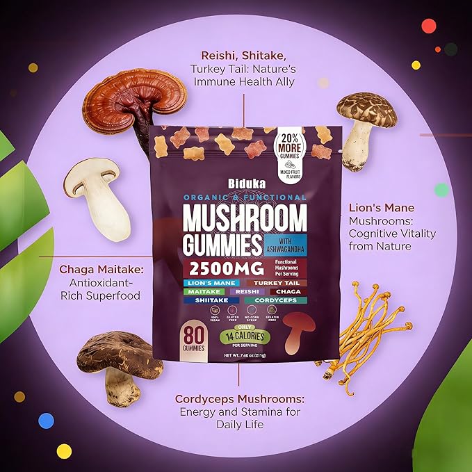 Organic Functional Mushroom Gummies with Ashwagandha | 2500MG | 20% More Gummies | Vegan, Gluten-Free, Non-GMO | 80 Count
