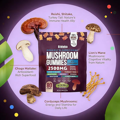 Organic Functional Mushroom Gummies with Ashwagandha | 2500MG | 20% More Gummies | Vegan, Gluten-Free, Non-GMO | 80 Count