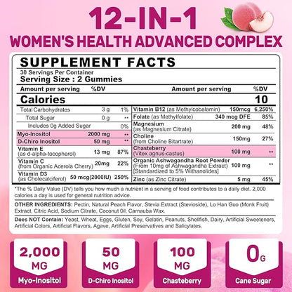 Inositol Gummies for Women + Chasteberry, Myo-Inositol & D-Chiro Inositol 2000mg + 50mg Ideal 40:1 Ratio with Methylated B12 & Folate, Choline, Magnesium,Vitamin D3 for Overall Health,Sugar Free,60Cts