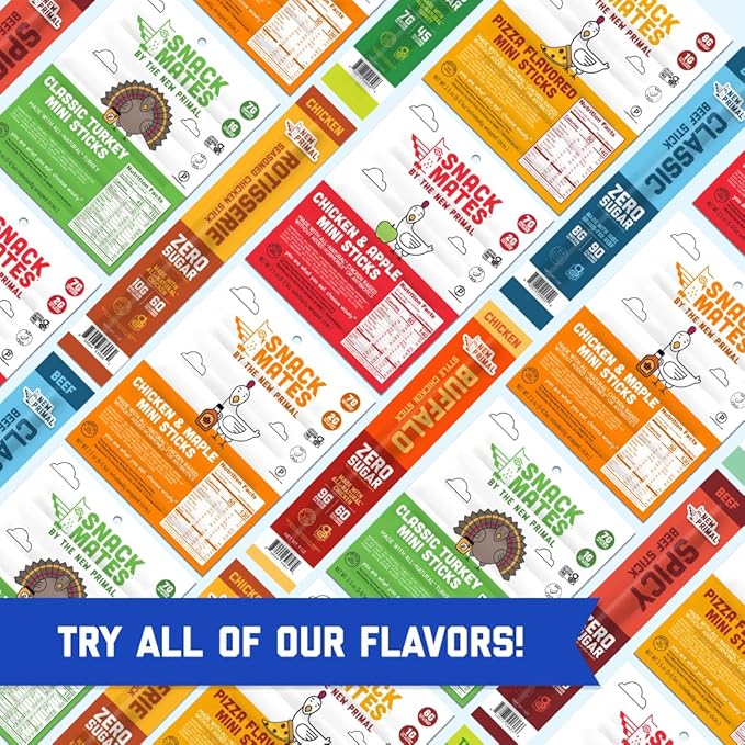 The New Primal Snack Mates Chicken & Maple Sticks, Gluten Free Healthy Snacks for Kids, Low Sugar High Protein Back to School Snacks, Mini Paleo Jerky Meat Stick, 7g Protein, 50 Calories, 40 Pack