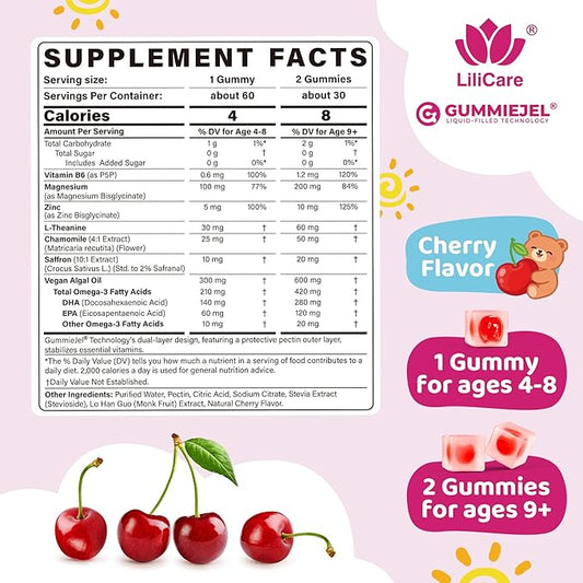 Kids Calm Magnesium Bisglycinate Saffron Gummies + Vegan Omega 3 - Magnesium Glycinate Chelated Supplement for Kids w/L-Theanine & Chamomile, Natural Calming Supplement Focus Gummies Sugar Free, 60ct