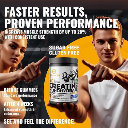 Natures Aid NSF Certified Creatine Gummy 5g - Creatine Monohydrate Gummies – Pre-Workout Energy & Muscle Growth Support for Men & Women | Orange Electrolyte Gummies (135 Count)