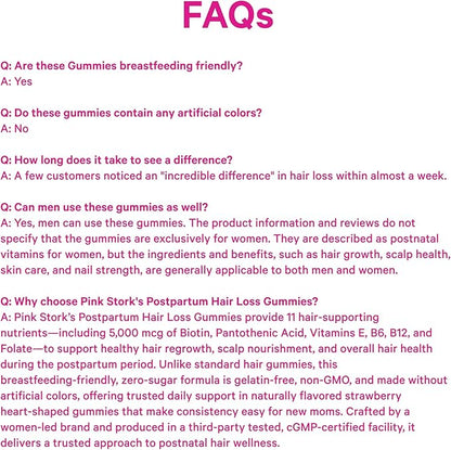Pink Stork Postpartum Hair Loss Gummies | Biotin, Pantothenic Acid, Vitamin E, B6, B12 | Postnatal Hair Growth + Regrowth Support | Breastfeeding-Friendly | Postpartum Essentials | 60 Gummies