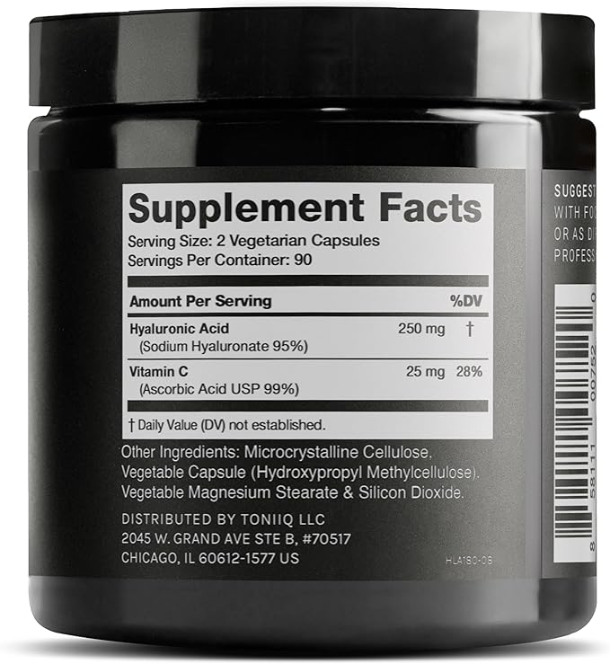 Toniiq Hyaluronic Acid Supplements – Lab Tested 95% Ultra High Purity – Fermented and Bioavailable with Vitamin C – Third Party Lab Tested – 180 Capsules