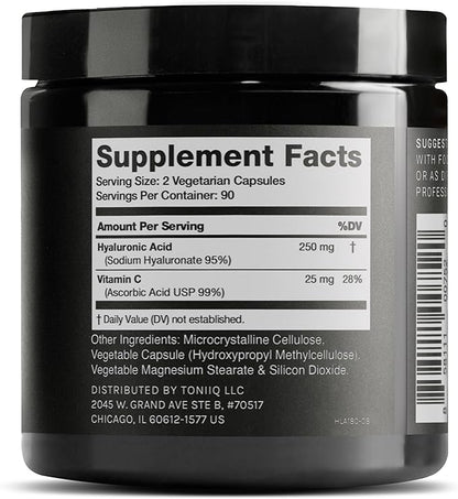 Toniiq Hyaluronic Acid Supplements – Lab Tested 95% Ultra High Purity – Fermented and Bioavailable with Vitamin C – Third Party Lab Tested – 180 Capsules