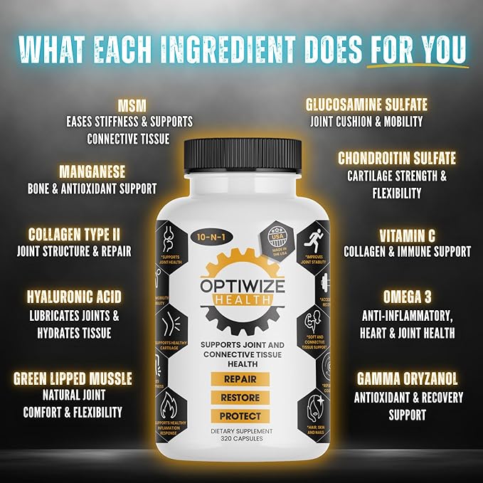 OptiWize 10-N-1 Joint Support Hydrolyzed Collagen,MSM, Hyaluronic Acid, Glucosamine,Chondroitin & More- Targets Joint Discomfort, Improves Mobility & Flexibility 320 Caps for Men & Women Made in USA